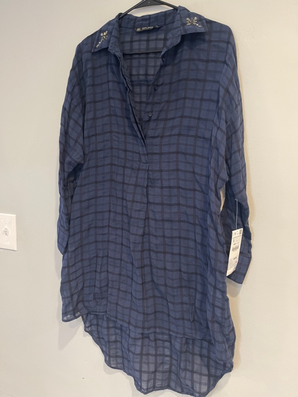 NWT Zara Oversized Popover Plaid High Low Tunic Top Embellished Collar Small